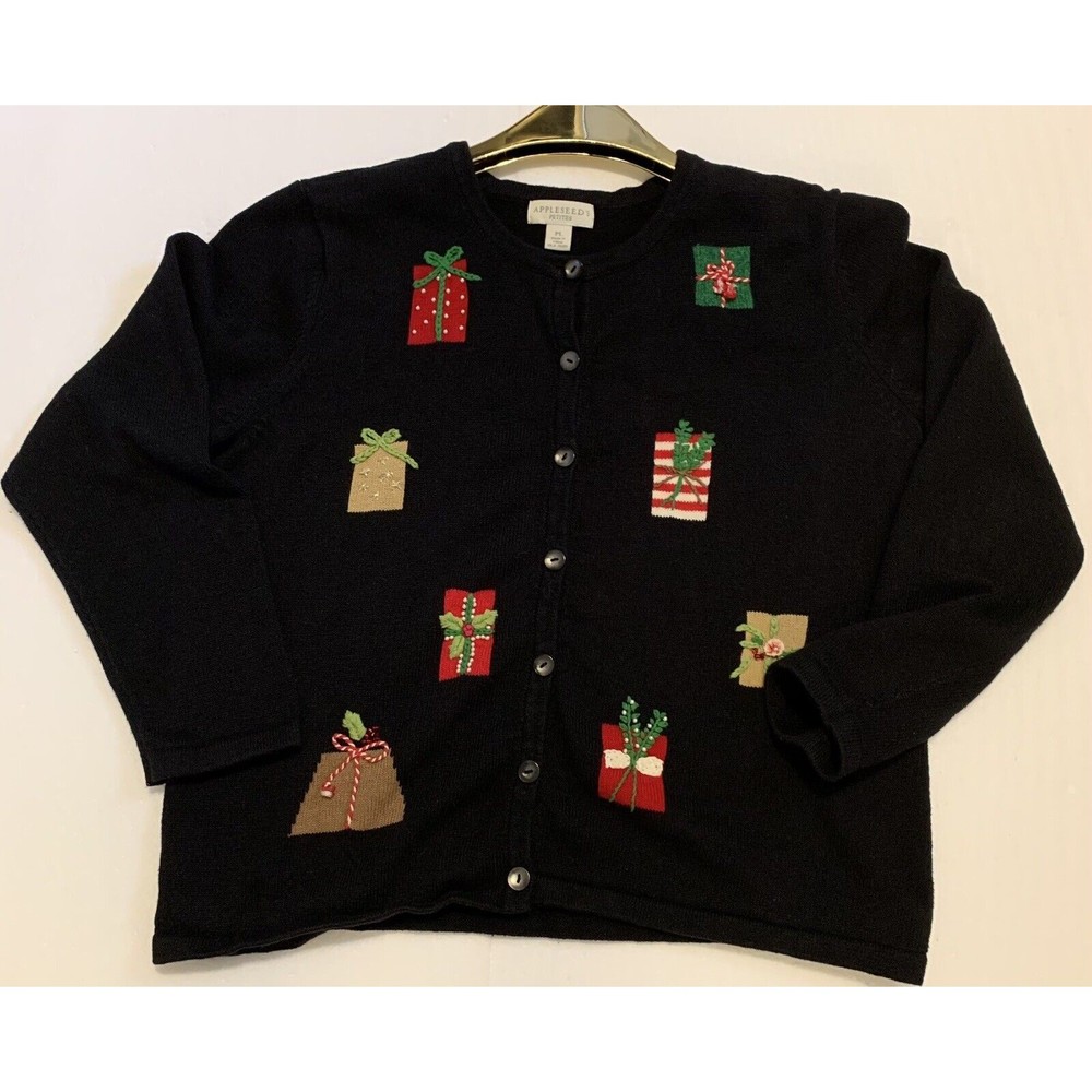 Appleseed's Petite Ugly Christmas Sweater Wool Beads Cardigan Sz PL NOT UGLY
